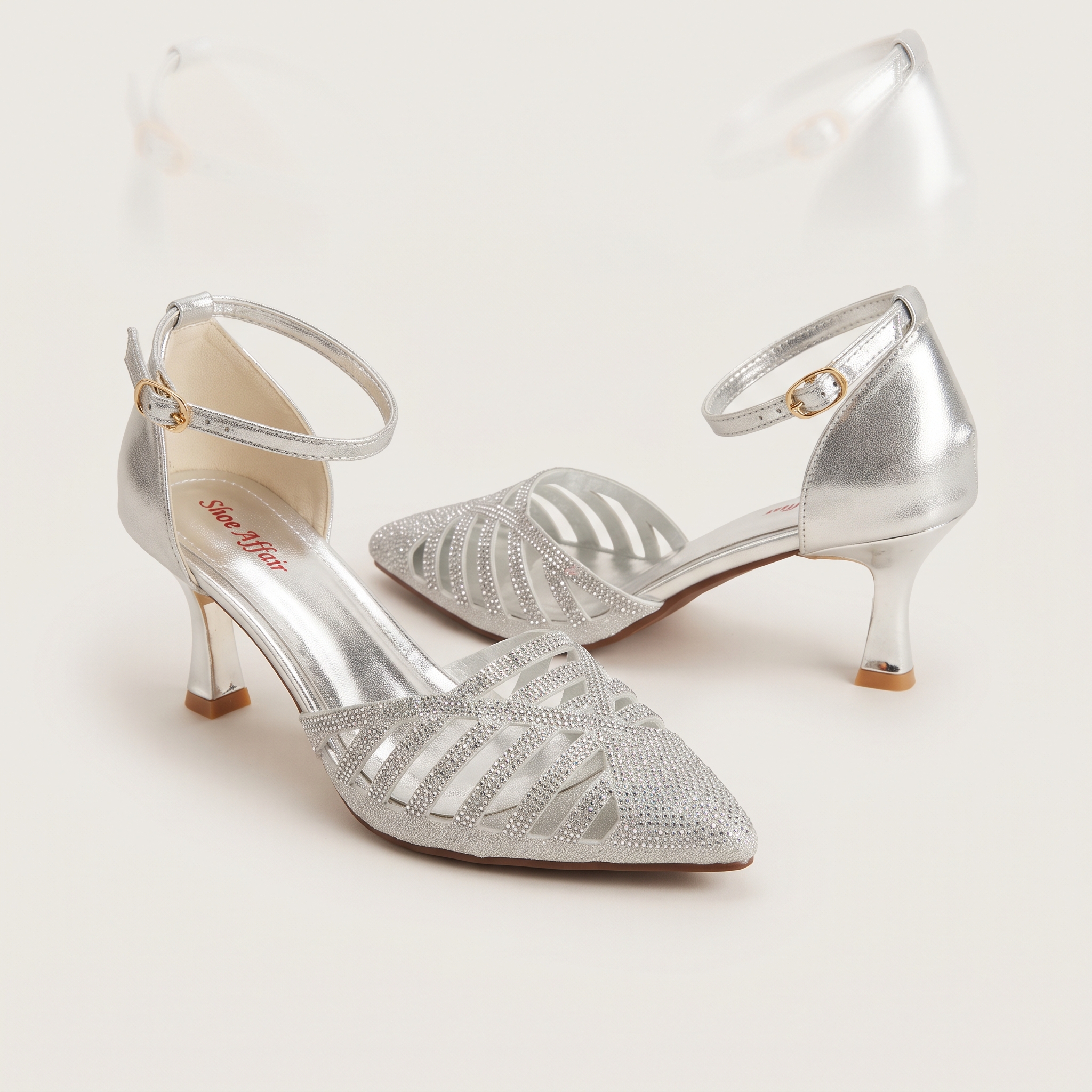 Silver Crystal-Embellished Cutout Ankle-Strap Heels Image 3