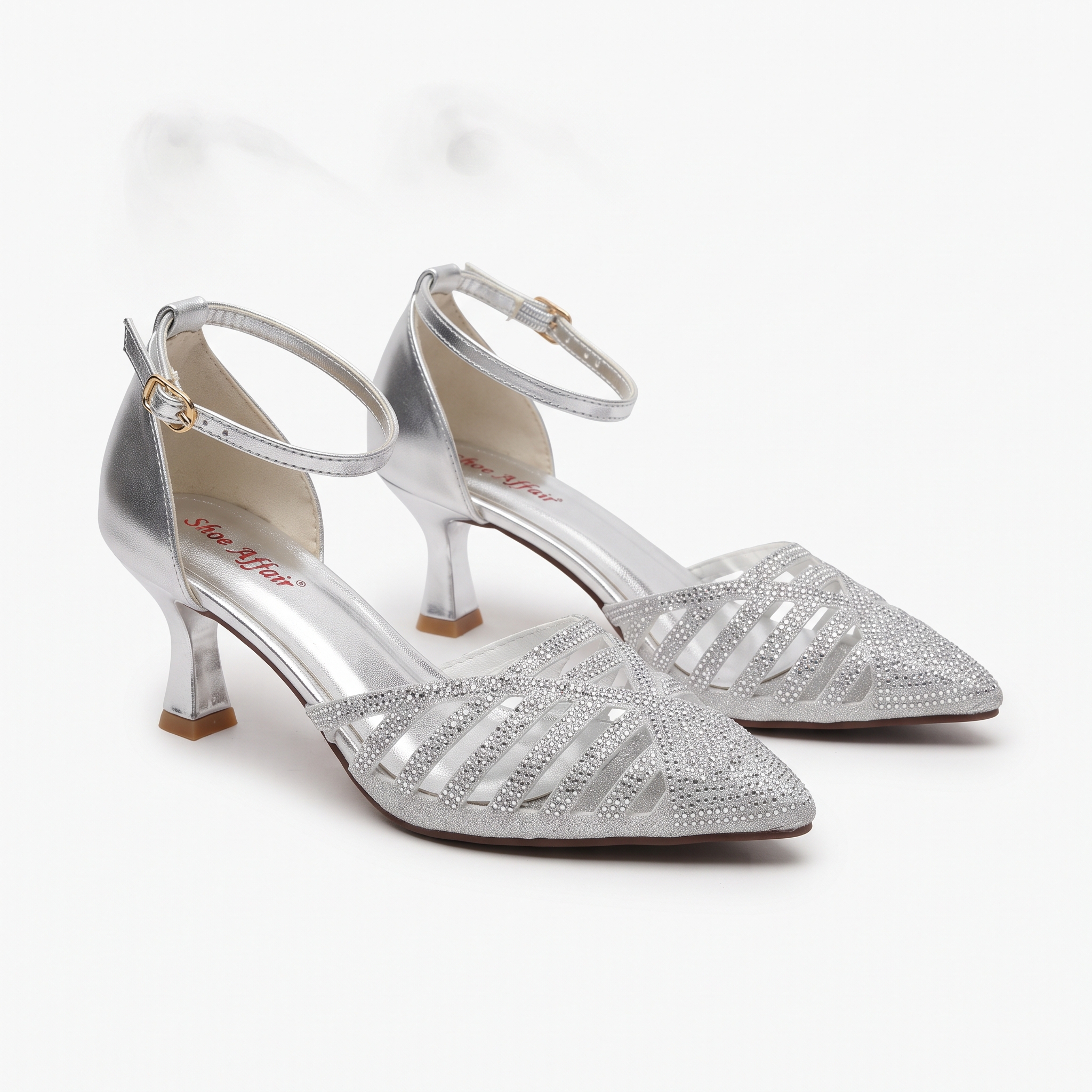 Silver Crystal-Embellished Cutout Ankle-Strap Heels