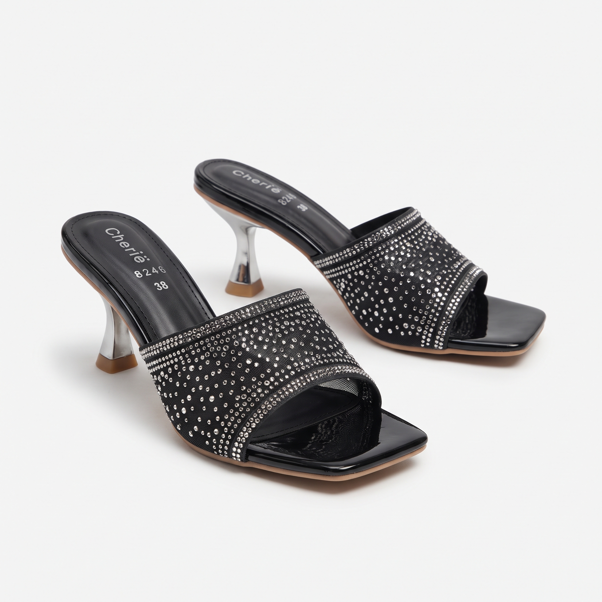 Black Embellished Open-Toe Kitten Heel Mules
