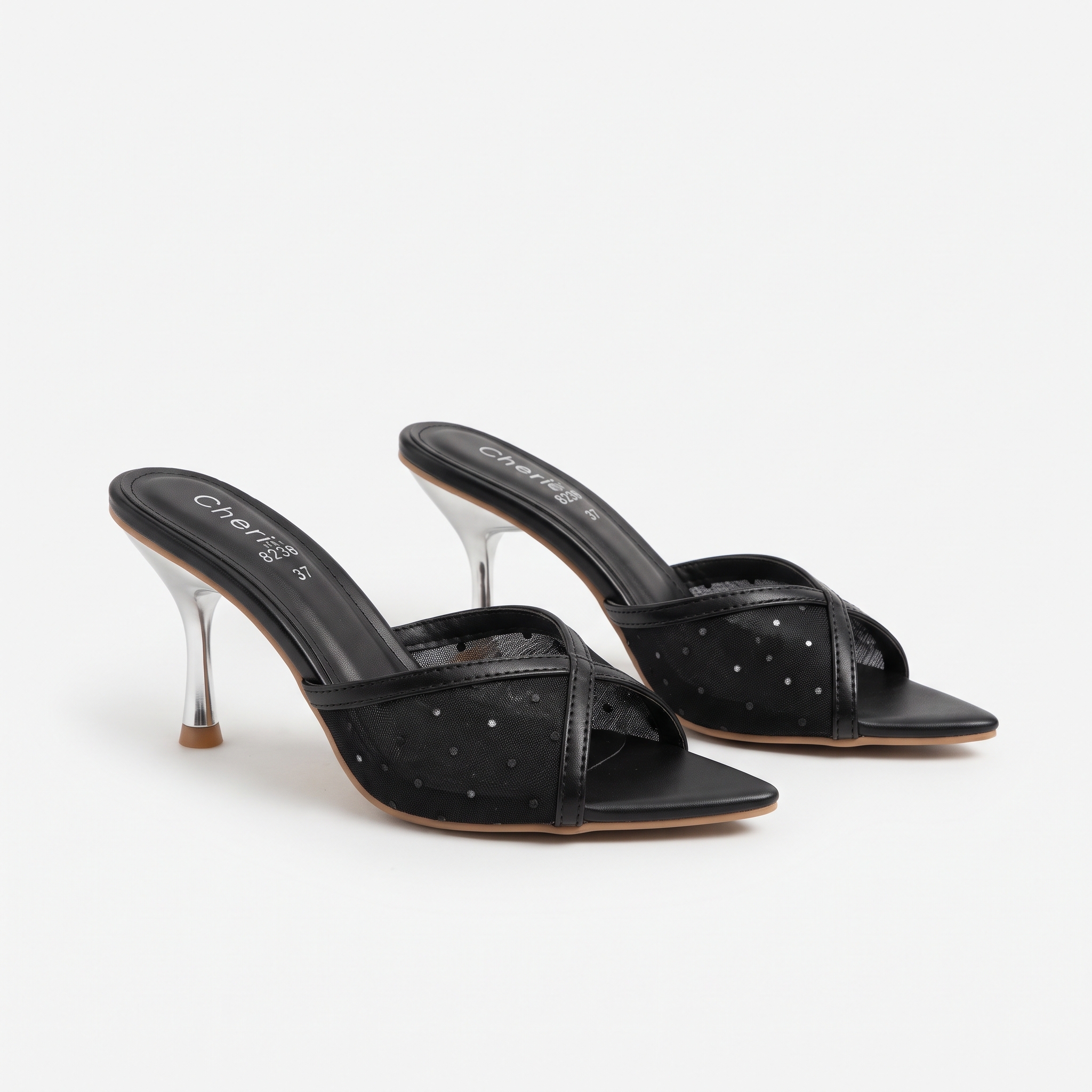 Crystal-Embellished Crossover Mesh Mules