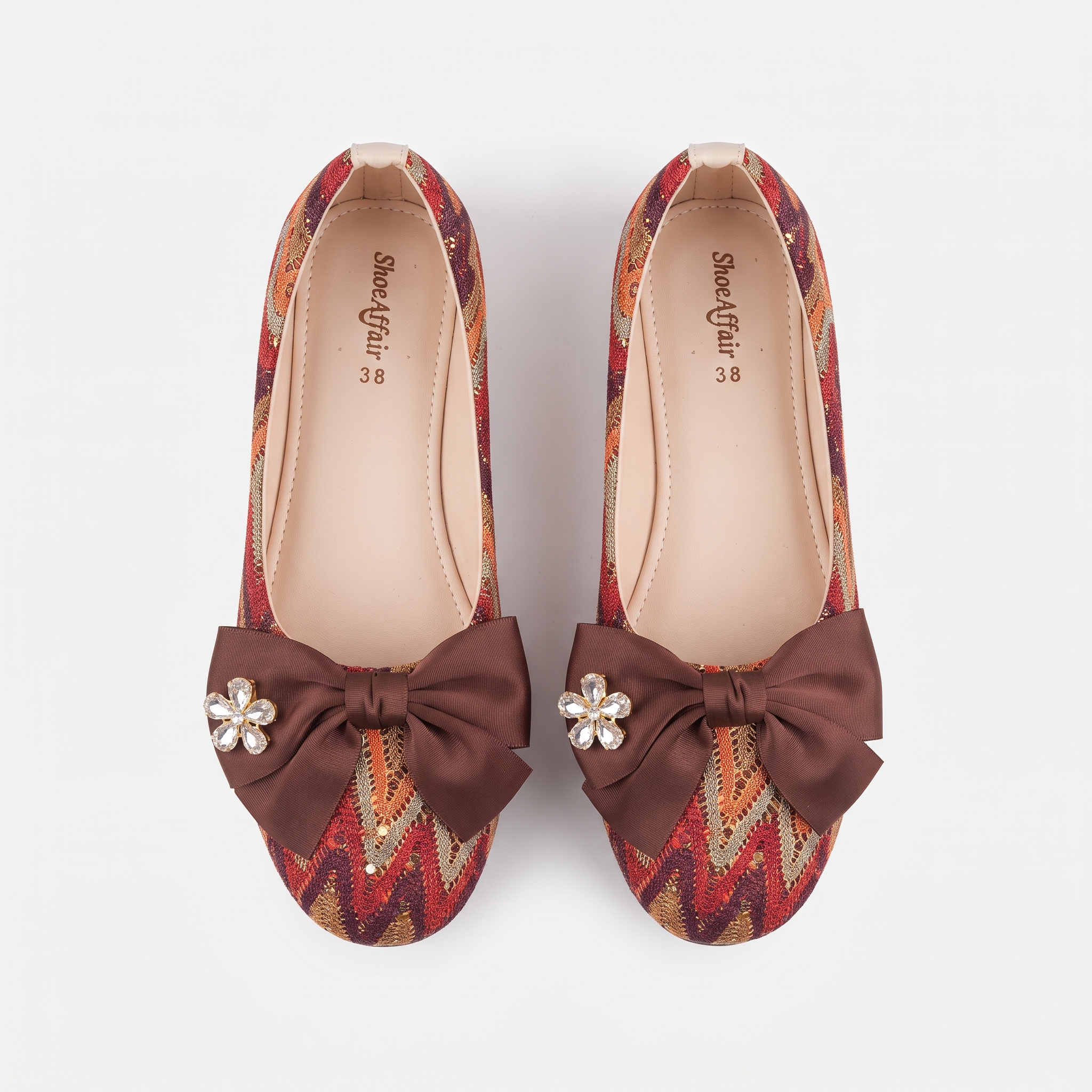 Multi-Color Chevron Woven Flats with Crystal Bow Image 3