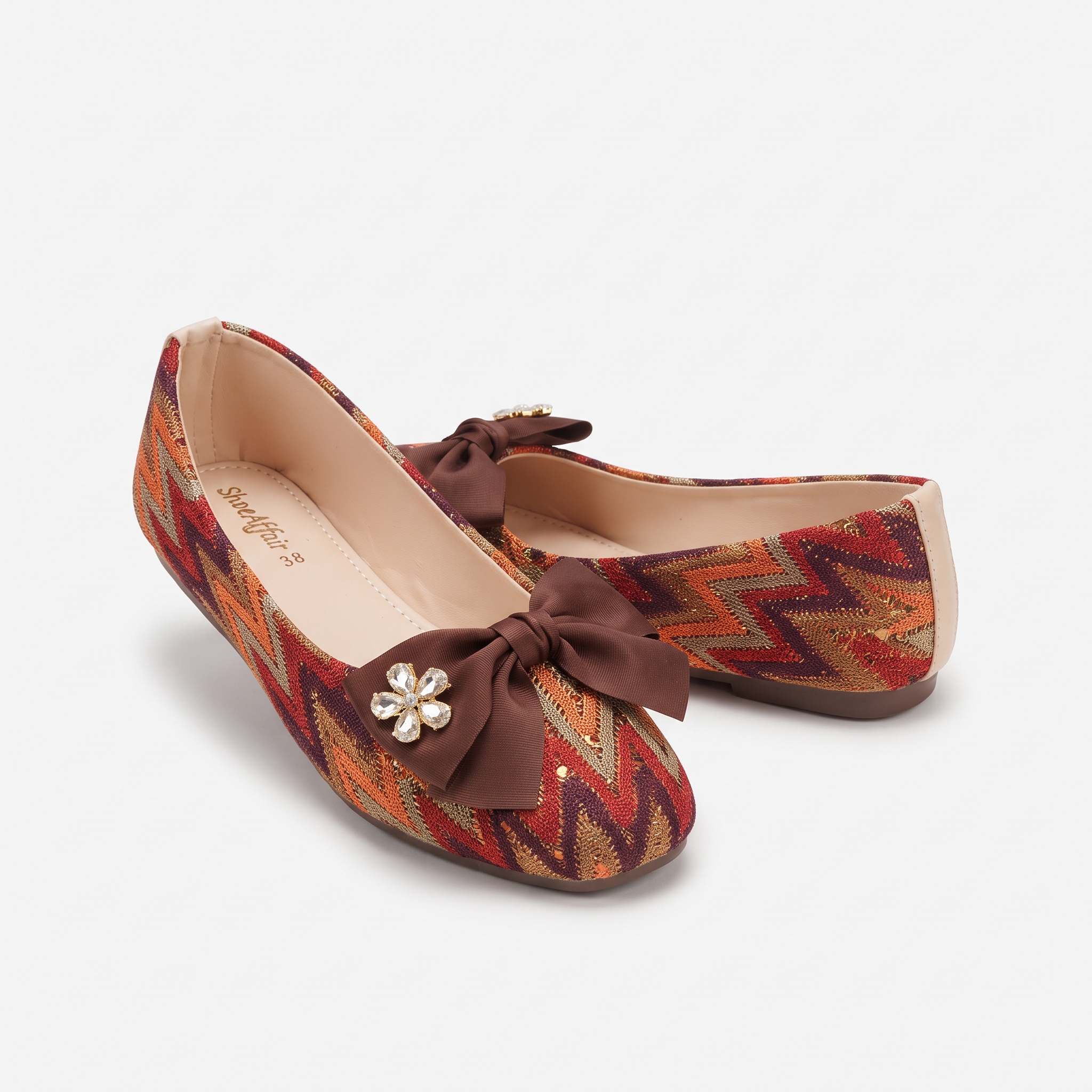 Multi-Color Chevron Woven Flats with Crystal Bow