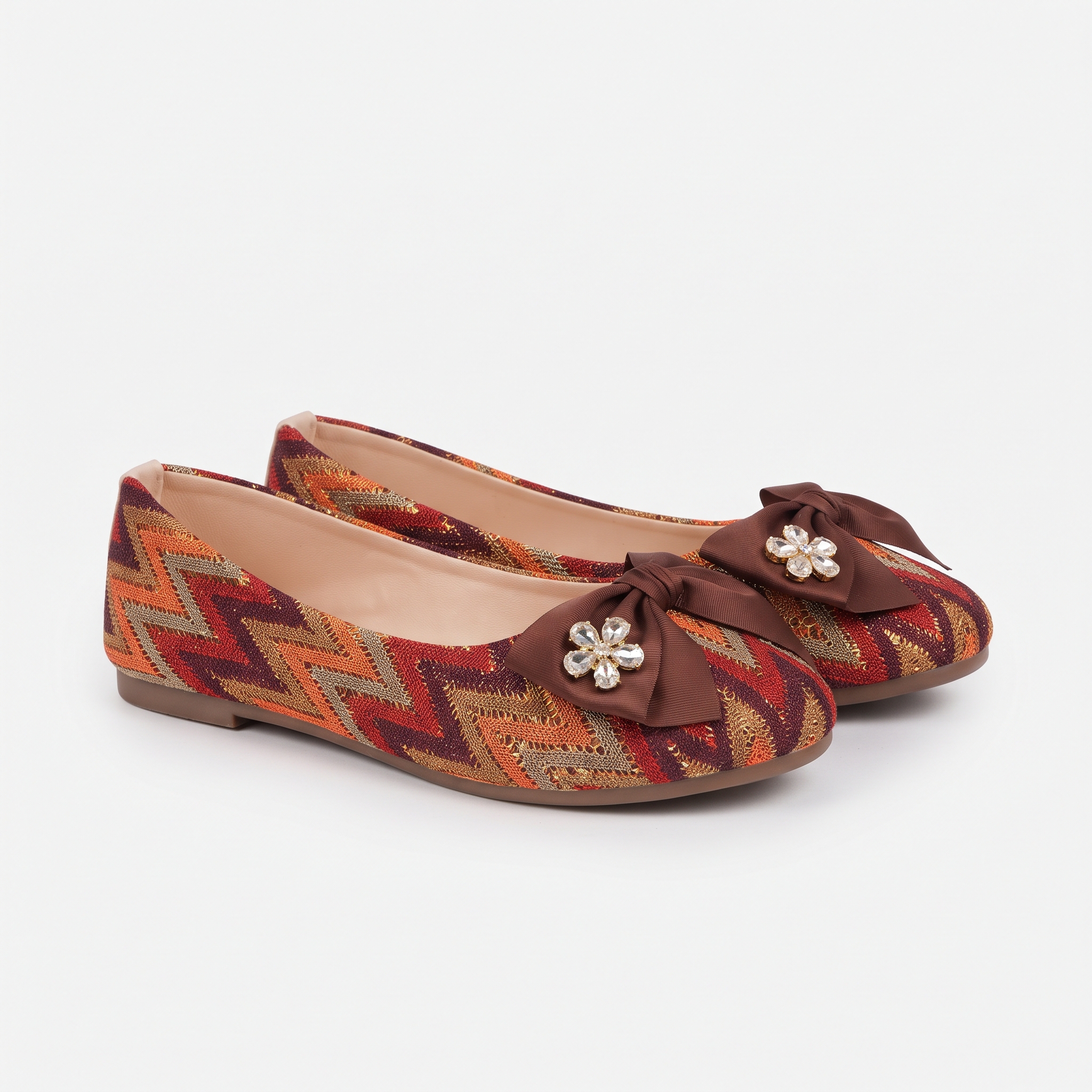 Multi-Color Chevron Woven Flats with Crystal Bow Image 2