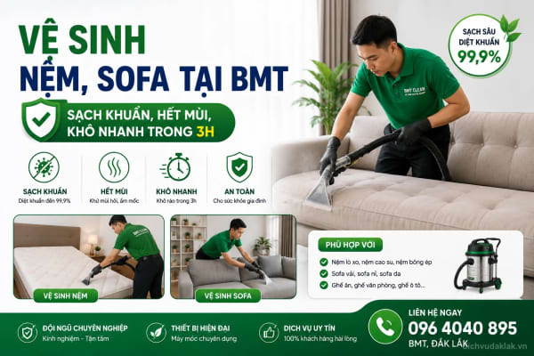 Vệ sinh nệm, sofa tại BMT - Sạch khuẩn, hết mùi, khô nhanh trong 3h