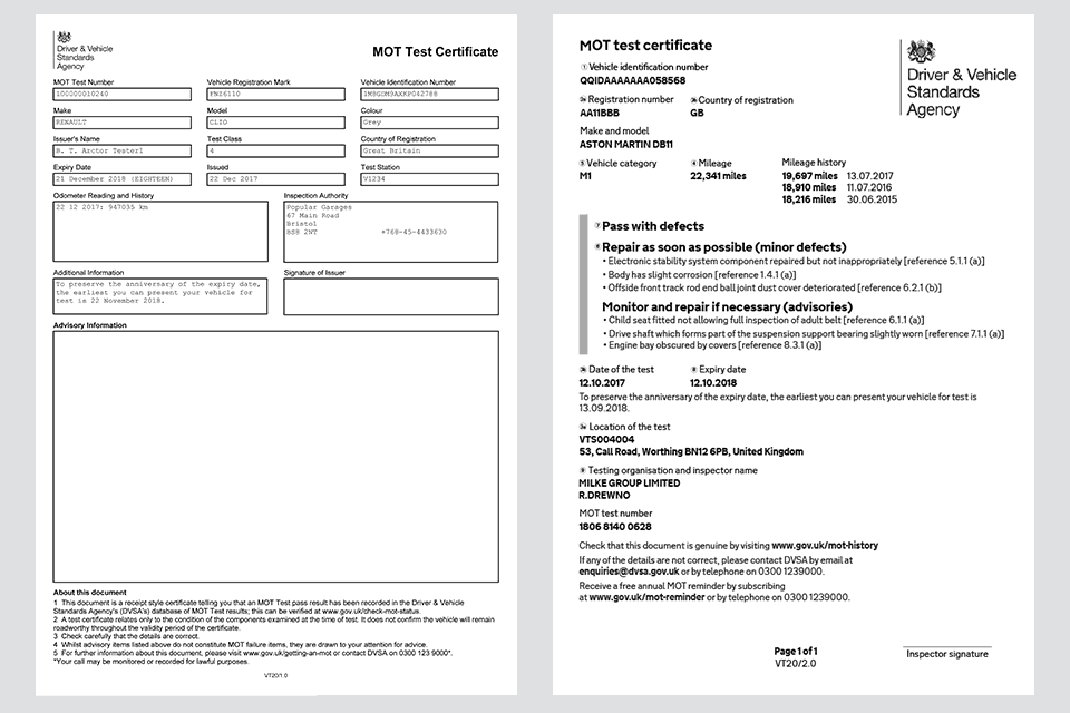 MOT certificate old (pre May 2018) and new