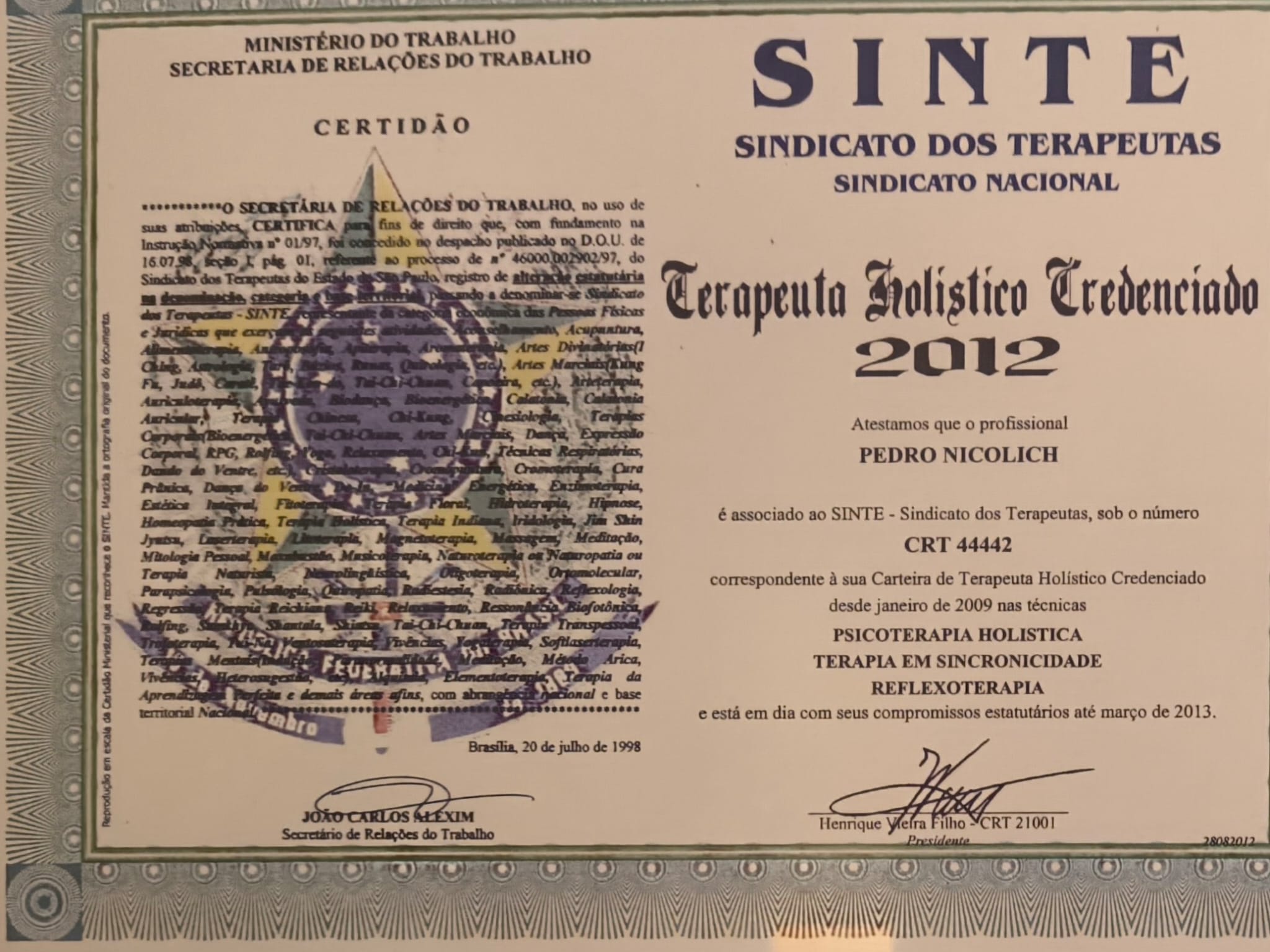 Certidão SINTE — Psicoterapia Holística e Reflexoterapia