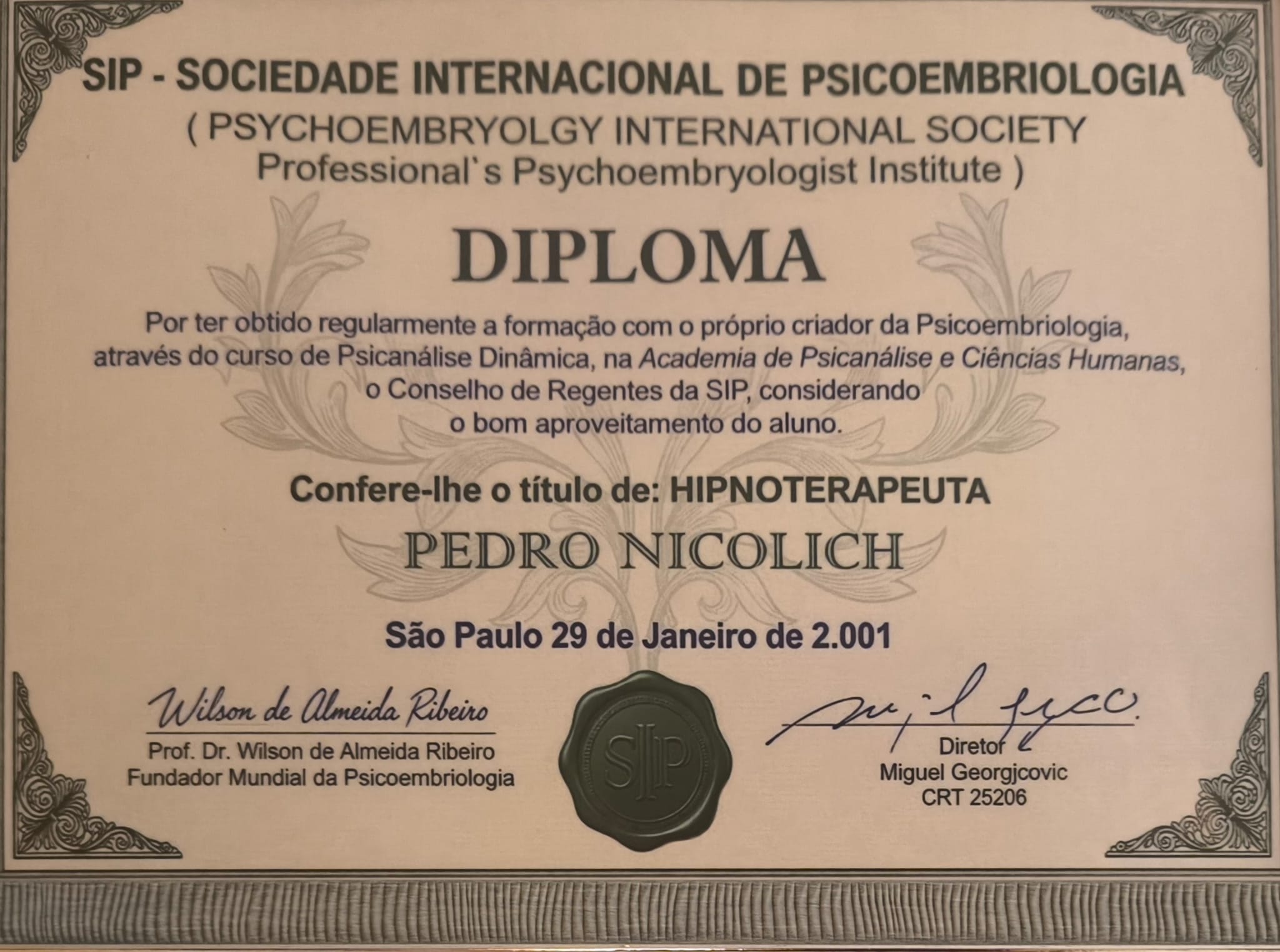 Diploma de Hipnoterapeuta — SIP, Sociedade Internacional de Psicoembriologia, 2001