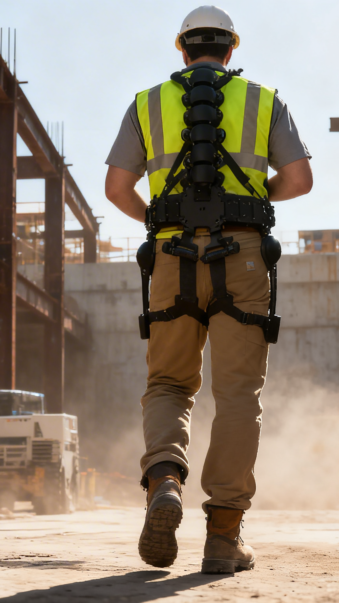 Construction worker wearing the Tandem exosuit