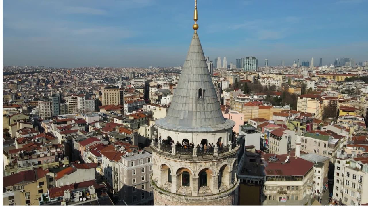 Stock Footage Top View of Galata Tower in Evening preview