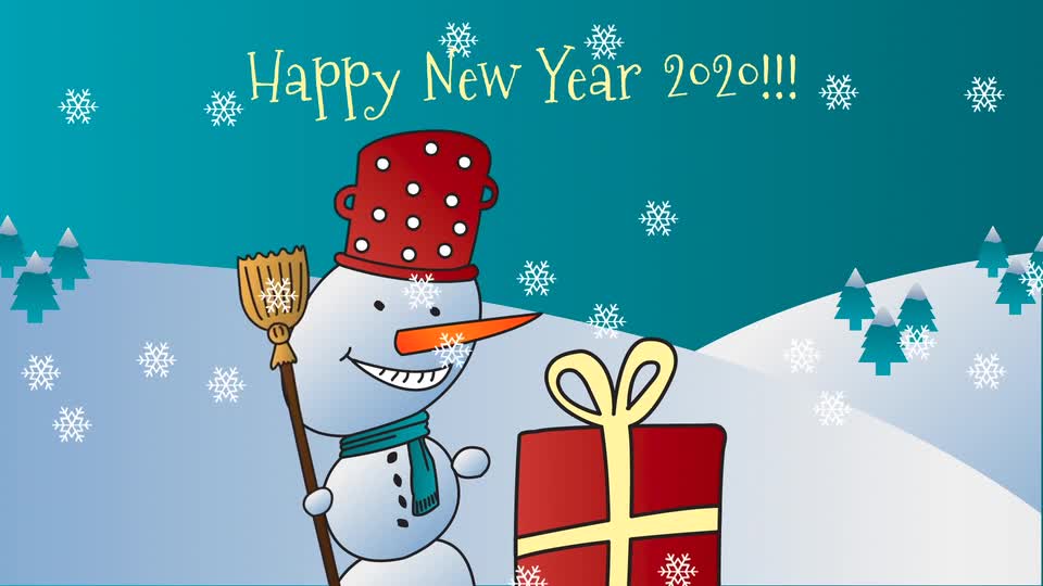 Cartoon snowman with gift and snow fall preview