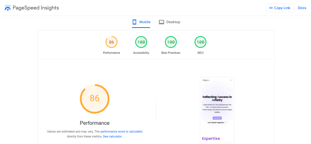 Page speed insight screenshot of mobile matics of our site - RSA