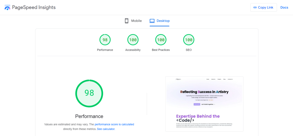 Page speed insight screenshot of desktop matics of our site - RSA