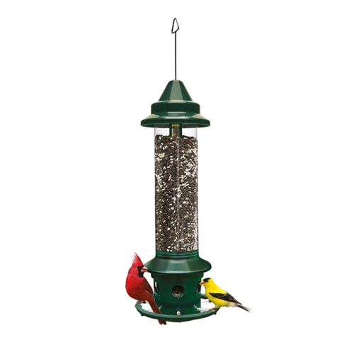 Tall metal bird feeder with attached metal hanger