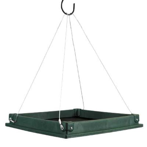 Overview of the entire green hanging bird feeder