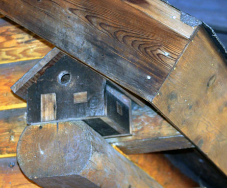 Bird house underneath eaves of a wooden home
