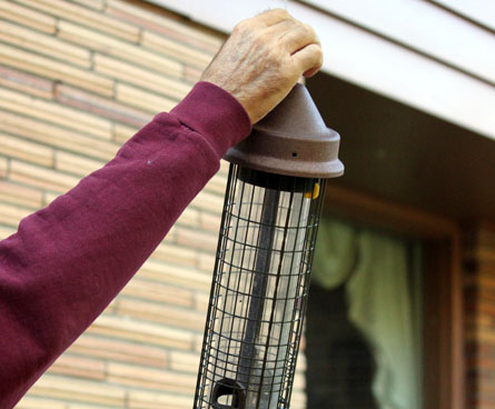 Man hanging up a bird feeder