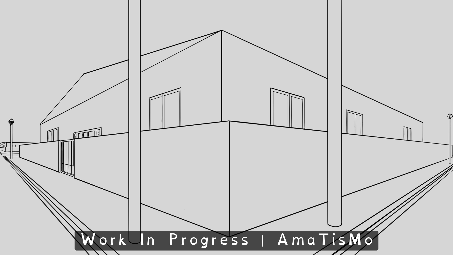 Panoramic grayscale line-art draft of the street Amatista follows on her way to the university. The scene uses a strongly exaggerated perspective, with pavements and building fronts converging into the distance on both sides. A modern house surrounded by a high wall stands in the centre, with more homes to the left and right. Several tall poles dominate the foreground, while smaller street lamps line the pavements. There are no people or vehicles. A banner across the bottom reads ‘Work In Progress | AmaTisMo’.