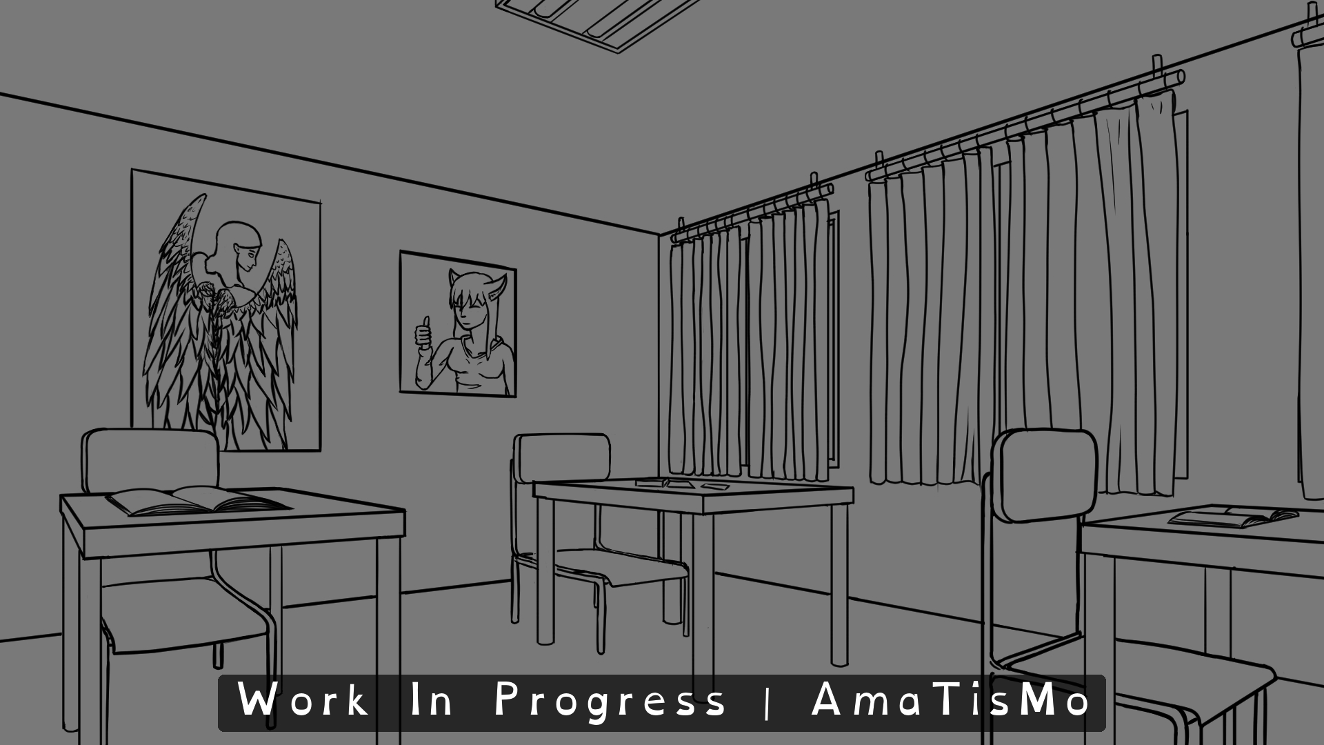 Grayscale line-art draft of Amatista's classroom viewed from one corner. Three individual desks and chairs fill the foreground and centre, with open books resting on two desks. Large windows covered by long curtains occupy the right wall. Two drawings hang on the left wall: a humanoid figure with large wings and a person with cat ears giving a thumbs-up. A rectangular light fixture is visible on the ceiling. The shading is flat, and the room does not yet have colour or characters. A banner across the bottom reads ‘Work In Progress | AmaTisMo’.