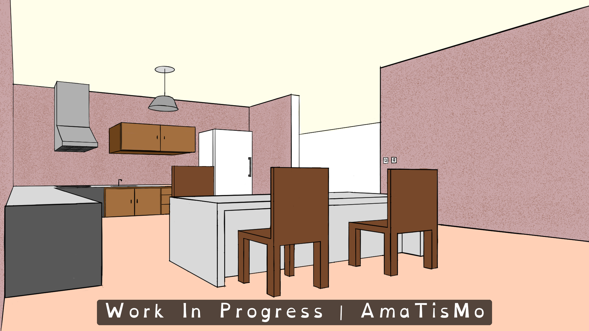 Panoramic colour illustration of the kitchen and dining area in Amatista's home, viewed from beside the dining table. A rectangular grey table and three brown high-backed chairs occupy the foreground. At the back left, an L-shaped counter contains the sink, with brown cabinets and a grey extractor hood above it. A white refrigerator stands near the centre of the room. The walls are pink, the floor is pale peach and the ceiling is cream. Black outlines, flat colours and some unfinished surfaces make its work-in-progress state visible. A banner across the bottom reads ‘Work In Progress | AmaTisMo’.