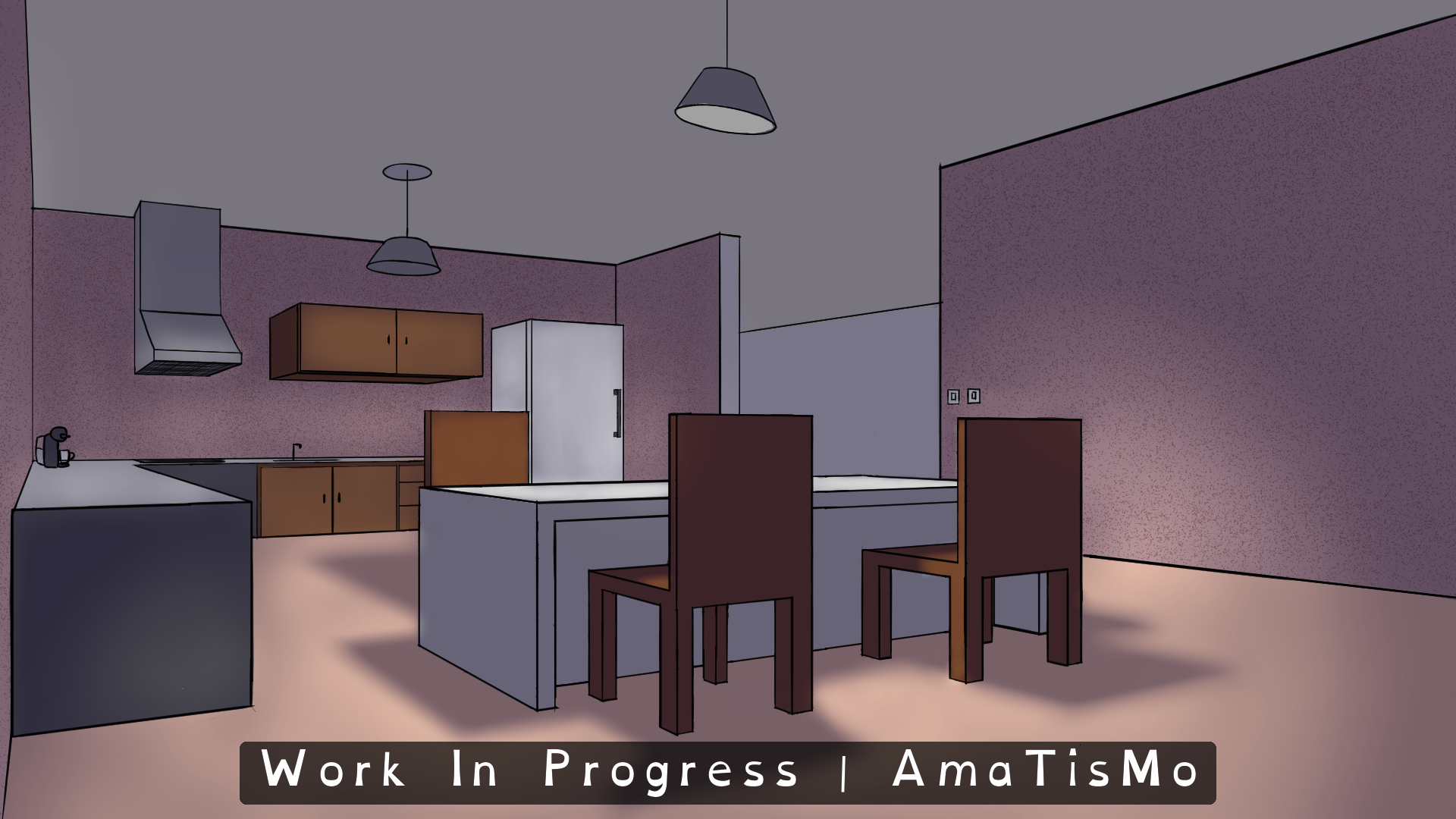 Panoramic colour illustration of the kitchen in Amatista's home. A rectangular grey dining table and two brown high-backed chairs stand in the foreground. In the background there is a counter with a sink, brown cabinets, a grey extractor hood, a coffee maker, a white refrigerator and two hanging lamps. The walls are pink, the floor has warm tones, and the environment still has the linework and unfinished surfaces of a work in progress. A banner across the bottom reads Work In Progress | AmaTisMo.