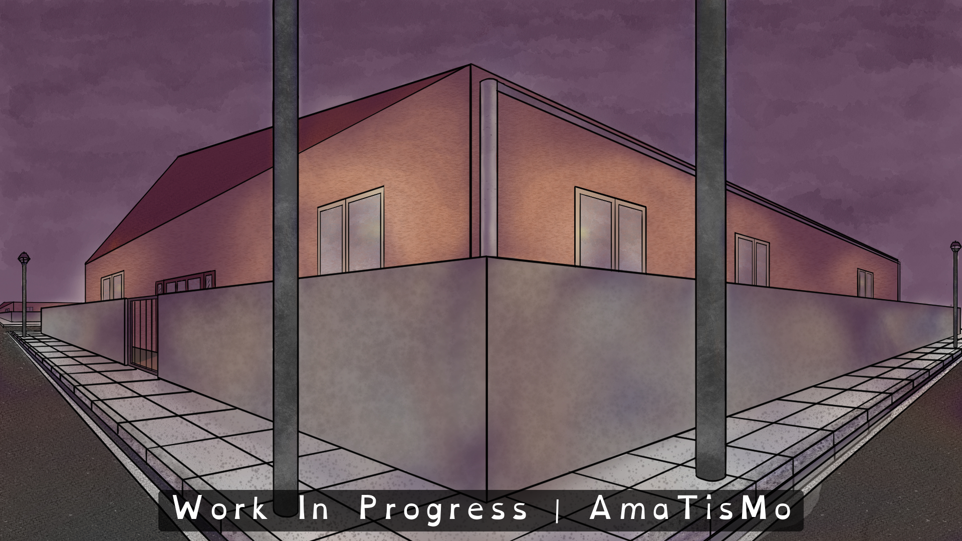 Panoramic colour illustration of the On the way to the university environment at dusk. The scene shows an empty residential street viewed from a corner, with pavements on both sides, high walls and pink-orange houses. The sky is dark violet and cloudy, street lamps stand near the edges of the road, and two tall poles dominate the foreground. Some windows reflect warm light. A banner across the bottom reads Work In Progress | AmaTisMo.