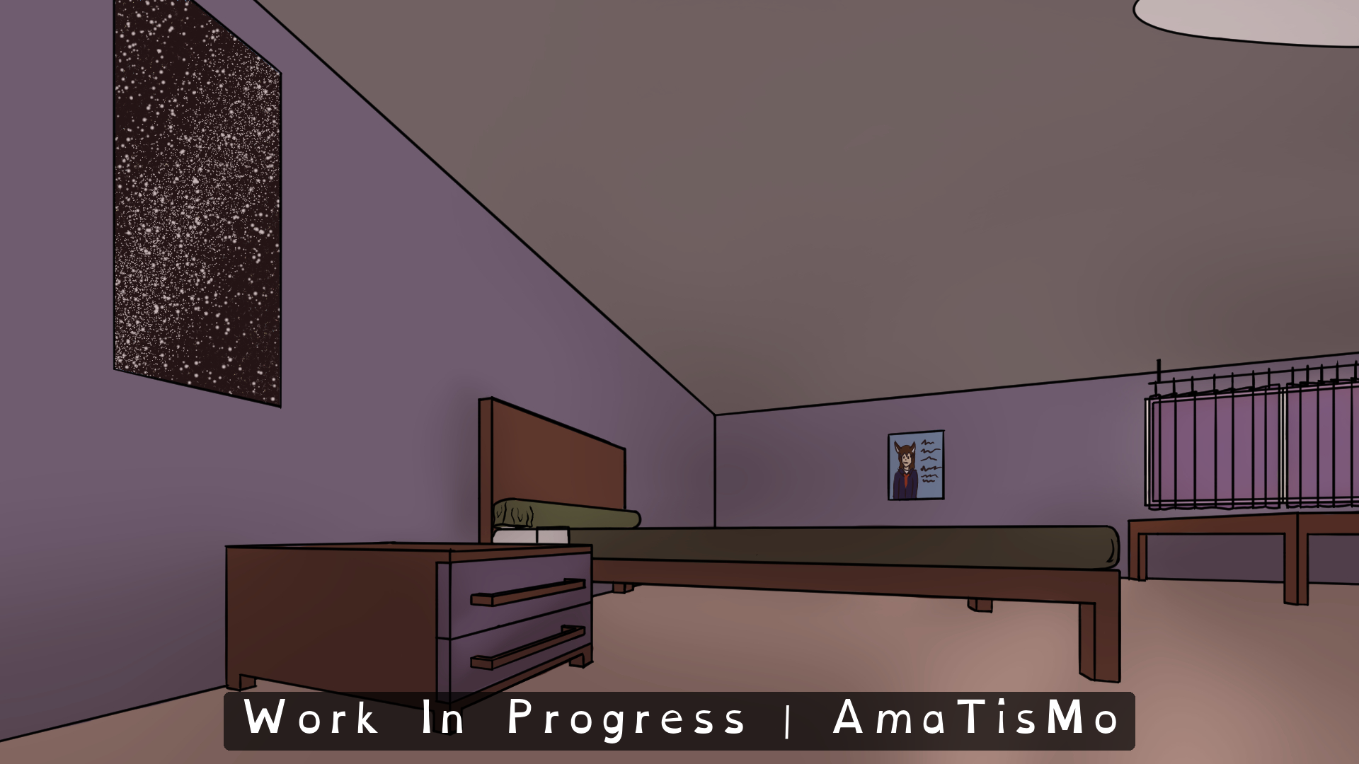 Panoramic colour illustration of Amatista's bedroom viewed from one corner. The walls are purple, and the scene shows a low bed with a brown headboard and green mattress, a chest of drawers in the foreground with purple drawers, a dark window on the left filled with small bright dots, a small poster on the back wall, and a table beside a barred window on the right. A banner across the bottom reads Work In Progress | AmaTisMo.