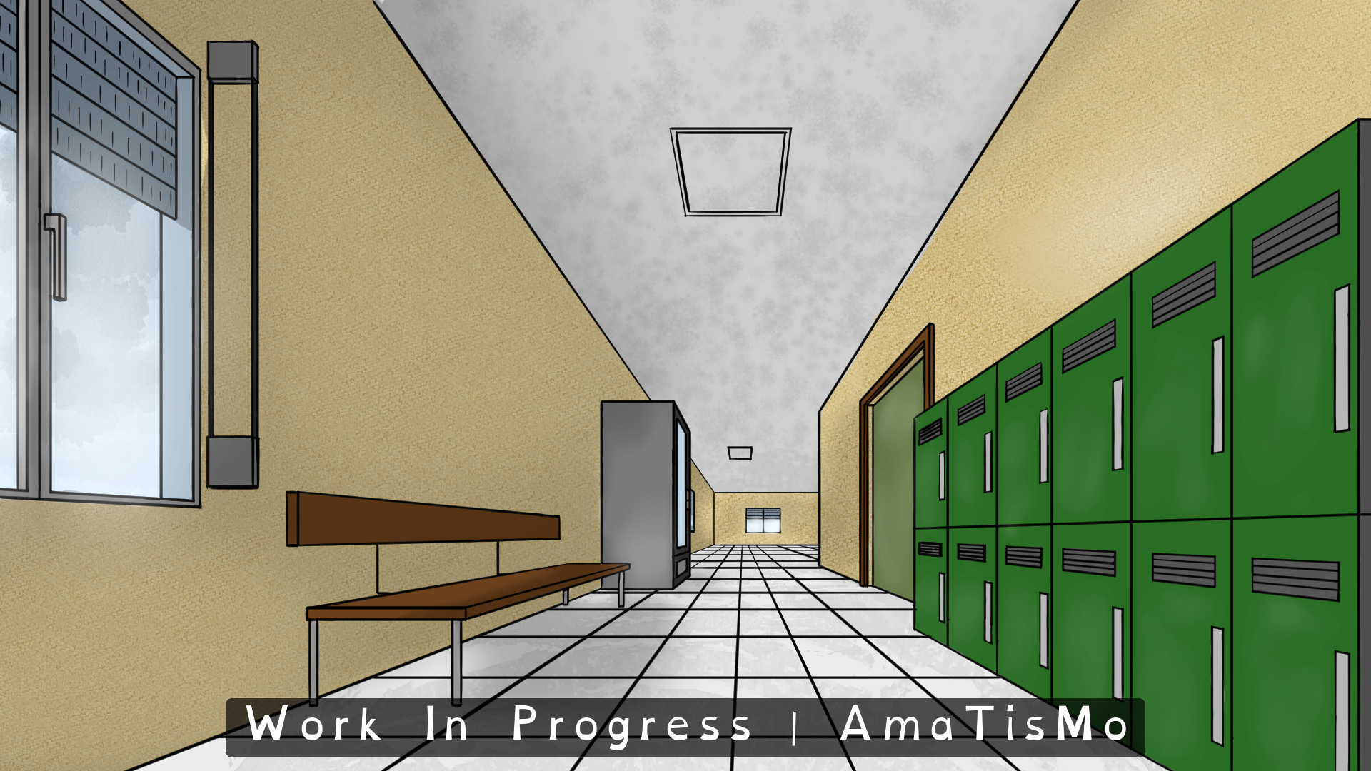 Panoramic colour illustration of a secondary university hallway, shown with deep perspective. Large windows and a wooden bench line the left side; a grey structure stands near the centre of the corridor and a window is visible at the far end. On the right there is a door and a row of green lockers. The walls are yellow, the floor is made of white tiles with black lines, and the ceiling includes rectangular lights. No characters are present. A banner across the bottom reads Work In Progress | AmaTisMo.