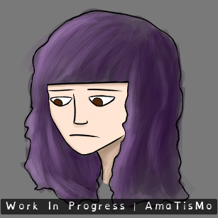 Work-in-progress colour portrait of Amatista's head on a grey background. Amatista has light skin and long dark purple hair, with straight bangs across her forehead and thick strands falling on both sides of her face down toward her neck. Her eyes are brown and look to one side, with slightly lowered eyelids. Her nose and mouth are drawn with simple lines; the mouth turns down slightly, creating a serious, tired or worried expression. The hair shading uses lighter and darker violet tones, and the drawing keeps visible outlines, sketch strokes and an unfinished finish. A banner across the bottom reads Work In Progress | AmaTisMo.