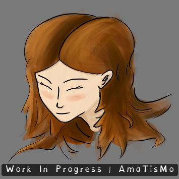 Work-in-progress colour portrait of Paula's head on a grey background. Paula has light skin and long, wavy orange-brown hair with a lot of volume, fuller on the left side of the image. A broad strand falls over one side of her face, while the rest of her hair spreads into soft pointed locks around her neck. Her eyes are closed, her eyebrows are thin and arched, her cheeks are lightly pink, and her small mouth forms a very gentle smile, giving her a serene, shy and kind expression. The drawing still shows sketch lines, visible shading and areas of colour that have not been fully polished. A banner across the bottom reads Work In Progress | AmaTisMo.