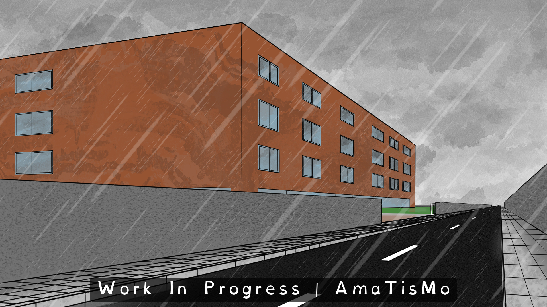 Panoramic colour illustration of a street beside the university during heavy rain. On the left there is a large orange building with many windows and a long facade receding into the distance. A grey wall stands in front of the building, while on the right there is a dark road with white lane markings, a kerb and a pavement. The sky is covered with grey clouds and diagonal rain streaks cross the whole scene. No characters or vehicles are visible. A banner across the bottom reads Work In Progress | AmaTisMo.