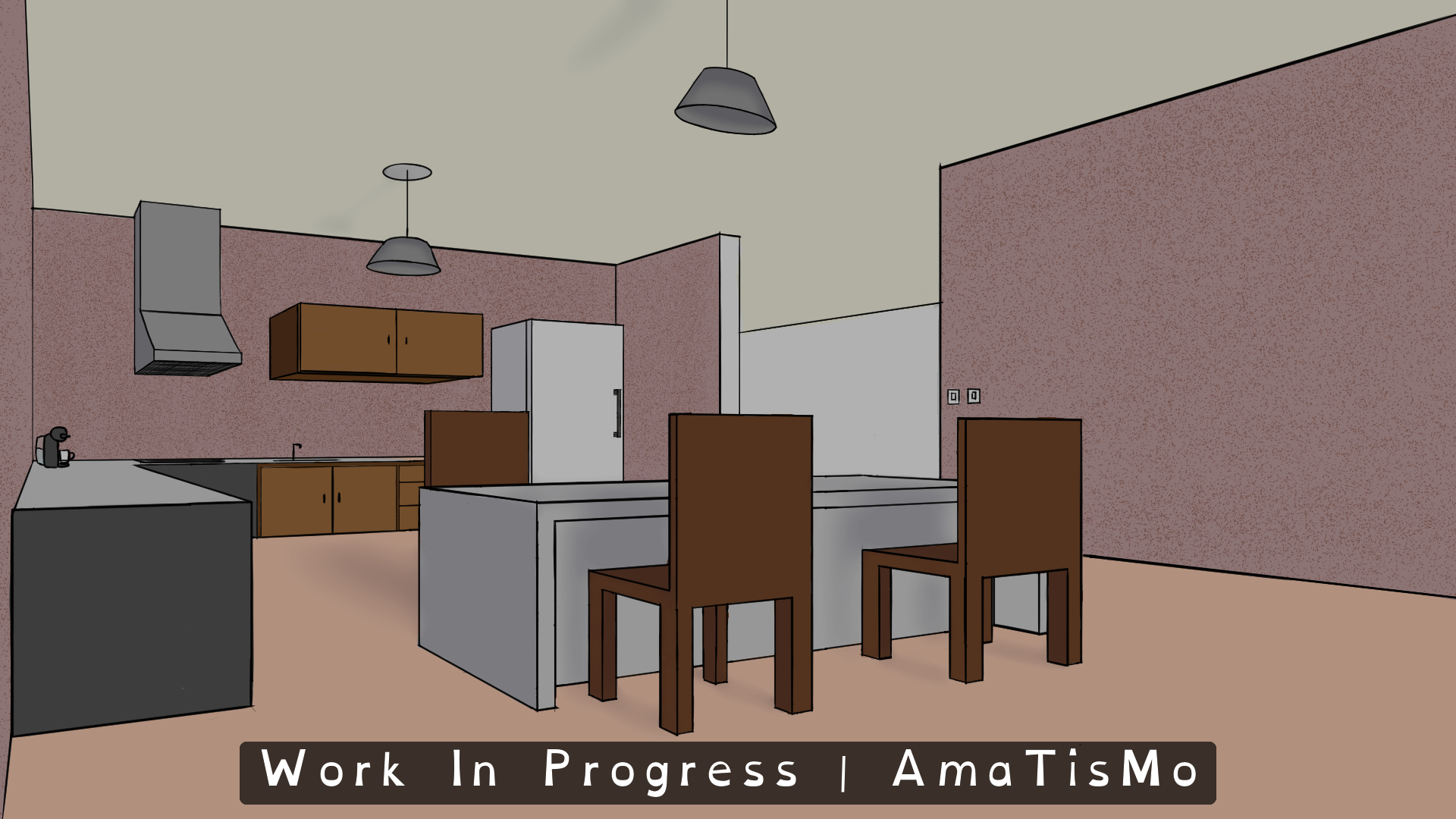 Panoramic colour illustration of the kitchen and dining area in Amatista's home on a day with muted light. A rectangular grey dining table and two brown high-backed chairs stand in the foreground. In the background there is a grey counter with a sink, brown cabinets, an extractor hood, a coffee maker, a white refrigerator and two hanging lamps. The walls are pink, the floor uses warm tones and the ceiling is grey-green. The environment still has the visible outlines, textures and unfinished surfaces of a work in progress. A banner across the bottom reads Work In Progress | AmaTisMo.