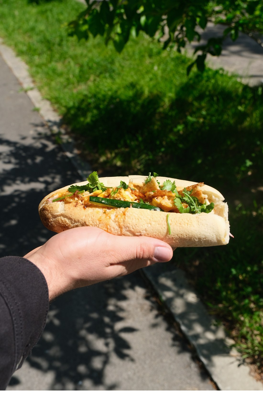 Un bánh mì de Banh Banh tenu en main en extérieur : baguette briochée dorée garnie de coriandre fraîche, pickles et garniture généreuse