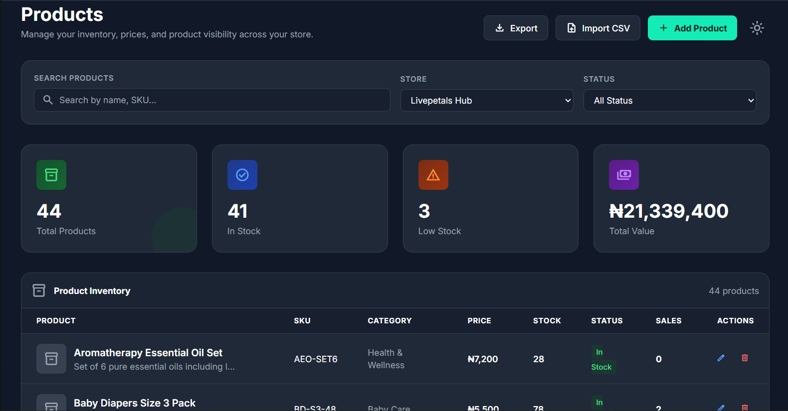 CartMor Product Management — Product listing with filters and bulk actions
