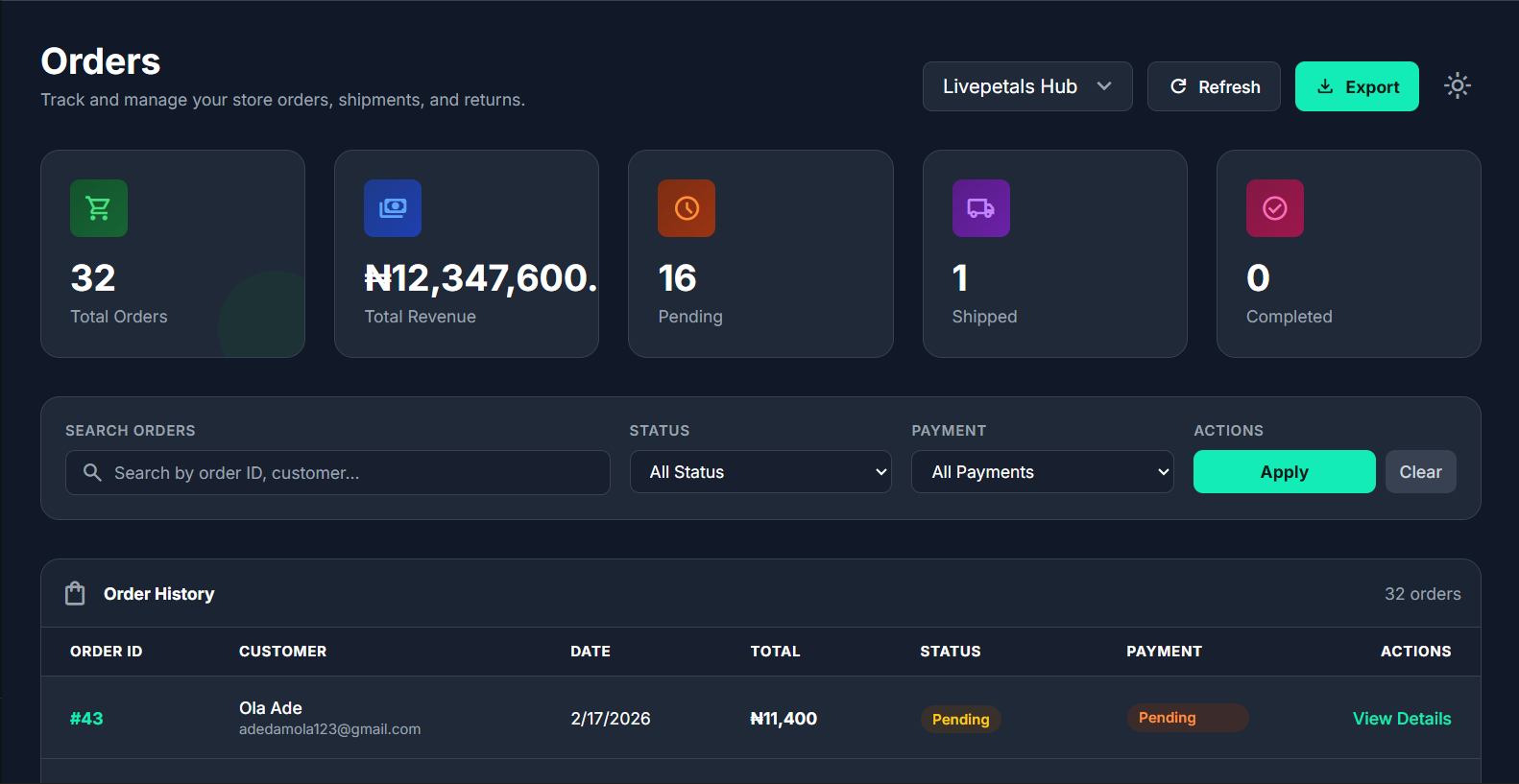 CartMor Order Management — Order table with status badges and filters
