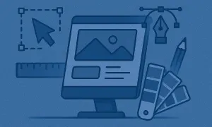 Diseño gráfico de una página web y herramientas de edición como regla, pluma y lápiz