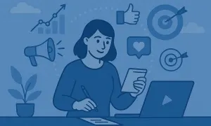 Mujer usando un móvil con iconos de marketing digital como megáfono, gráfico de crecimiento y corazones