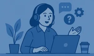 Asesora con auriculares brindando ayuda frente a una computadora