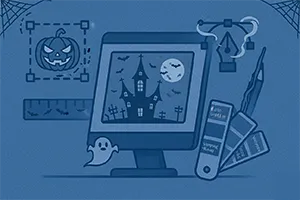 Diseño gráfico de una página web y herramientas de edición como regla, pluma y lápiz