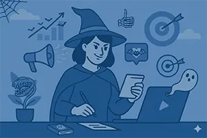 Mujer usando un móvil con iconos de marketing digital como megáfono, gráfico de crecimiento y corazones