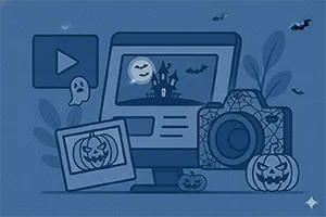 Pantallas con imágenes, cámara fotográfica y elementos de redes sociales