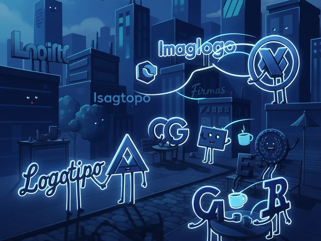 Logos azules humanizados interactúan en una ciudad oscura con neón brillante y ambiente onírico.