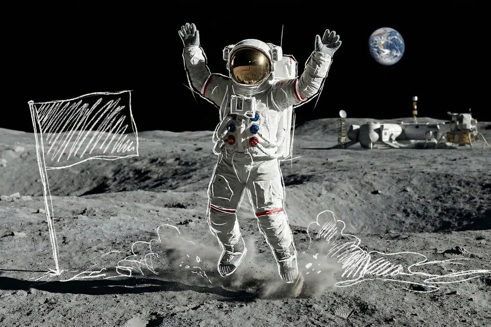 Ilustración artística de un astronauta saltando con los brazos levantados en la superficie de la Luna, con la Tierra visible en el fondo y líneas de boceto blancas