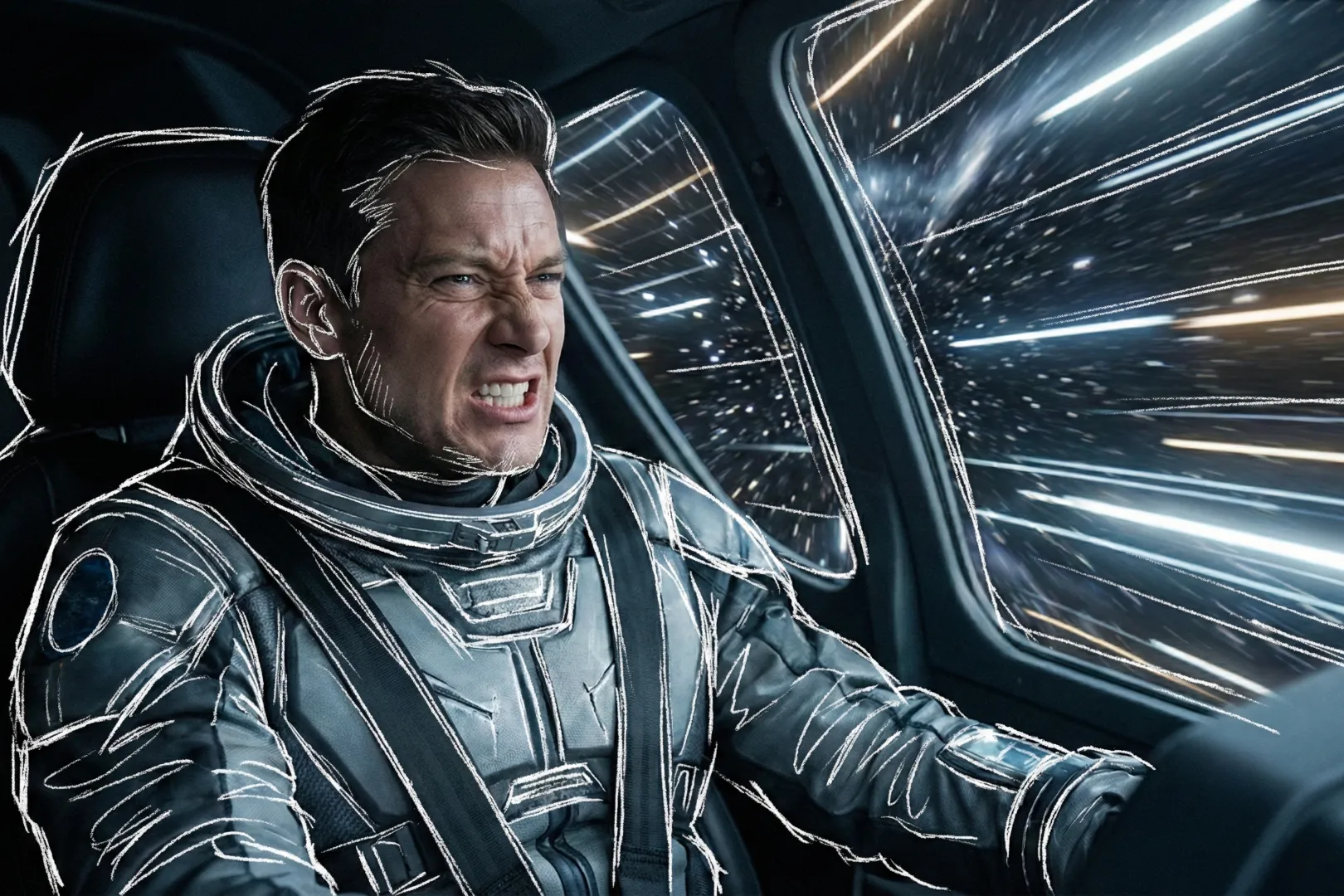 Ilustración artística de un astronauta con traje espacial gris metálico sentado dentro de un vehículo espacial, con líneas de boceto blancas delineando la figura