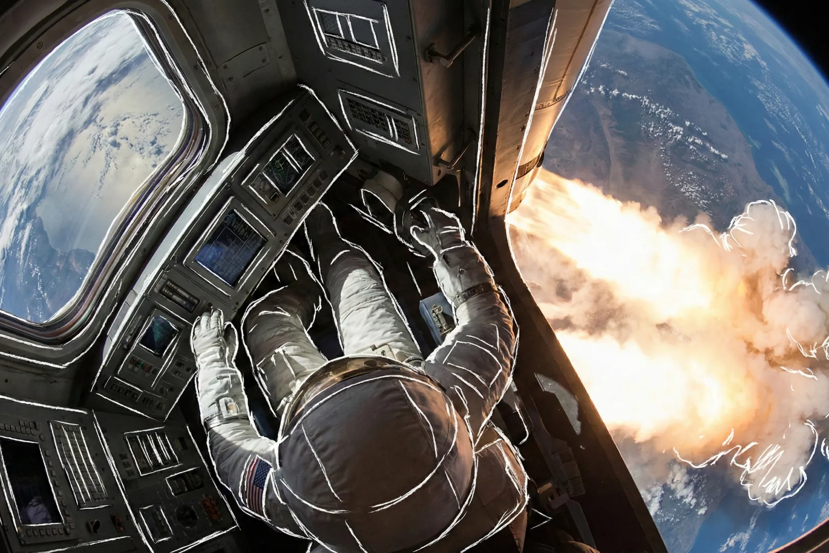 Ilustración artística de un astronauta dentro de una cabina espacial mirando la Tierra desde el espacio, con líneas de boceto blancas sobre la imagen