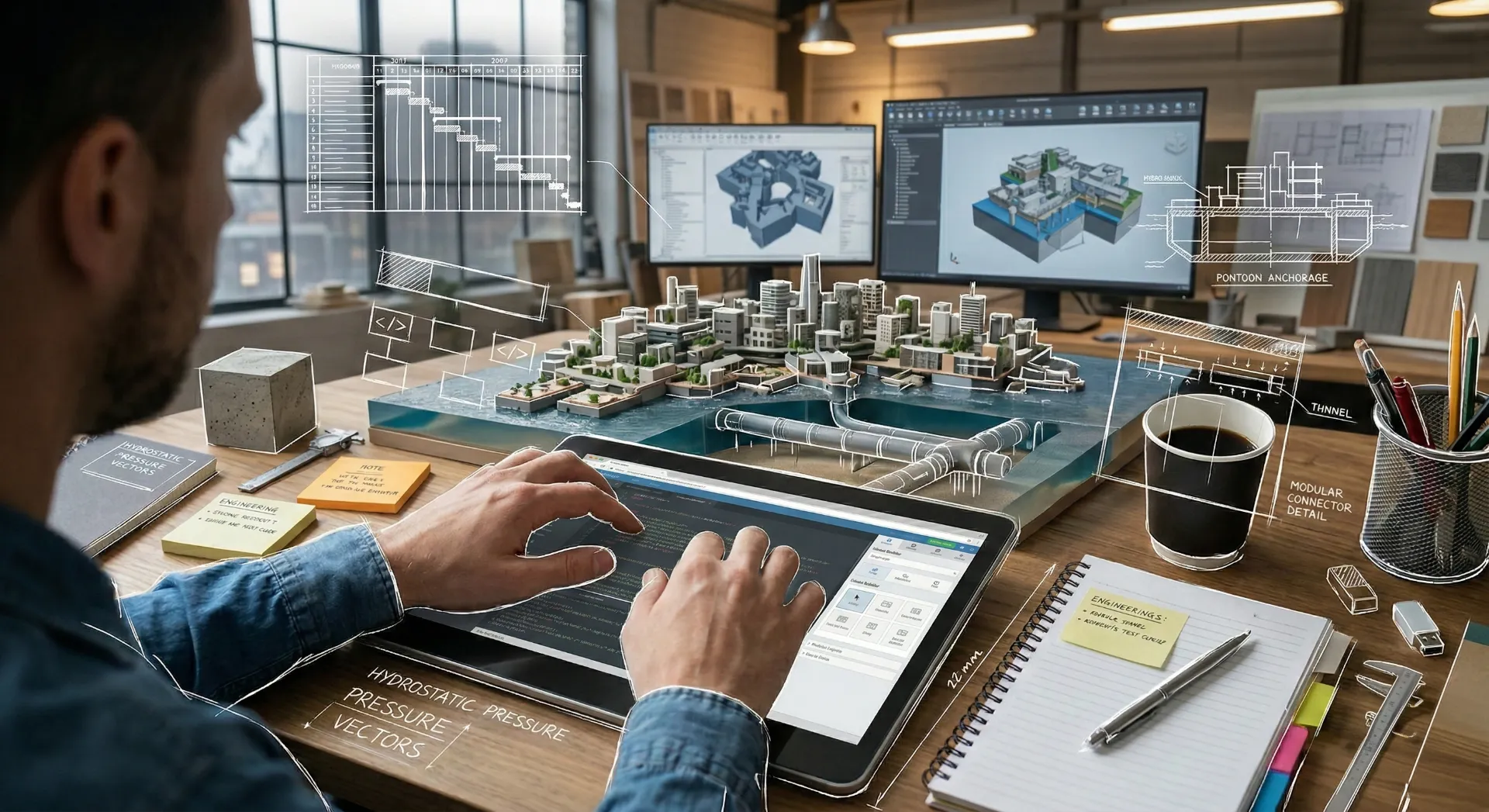 Ingeniero trabajando en una tableta frente a una maqueta física de una ciudad flotante. La escena está rodeada de monitores con modelos 3D y gráficos técnicos blancos superpuestos sobre el escritorio, simulando realidad aumentada