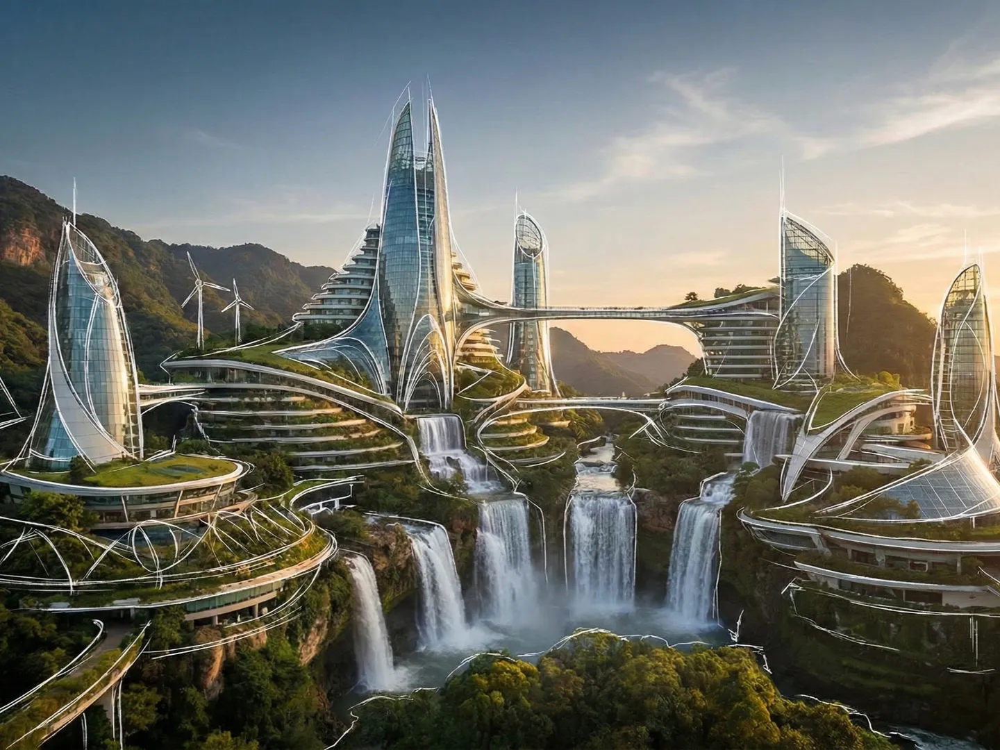 Imagen fotorrealista de una ciudad futurista y ecológica integrada en un paisaje montañoso con grandes cascadas. Destacan edificios curvos de cristal con terrazas verdes, sobre los cuales se superponen líneas blancas de boceto arquitectónico que delinean las estructuras.