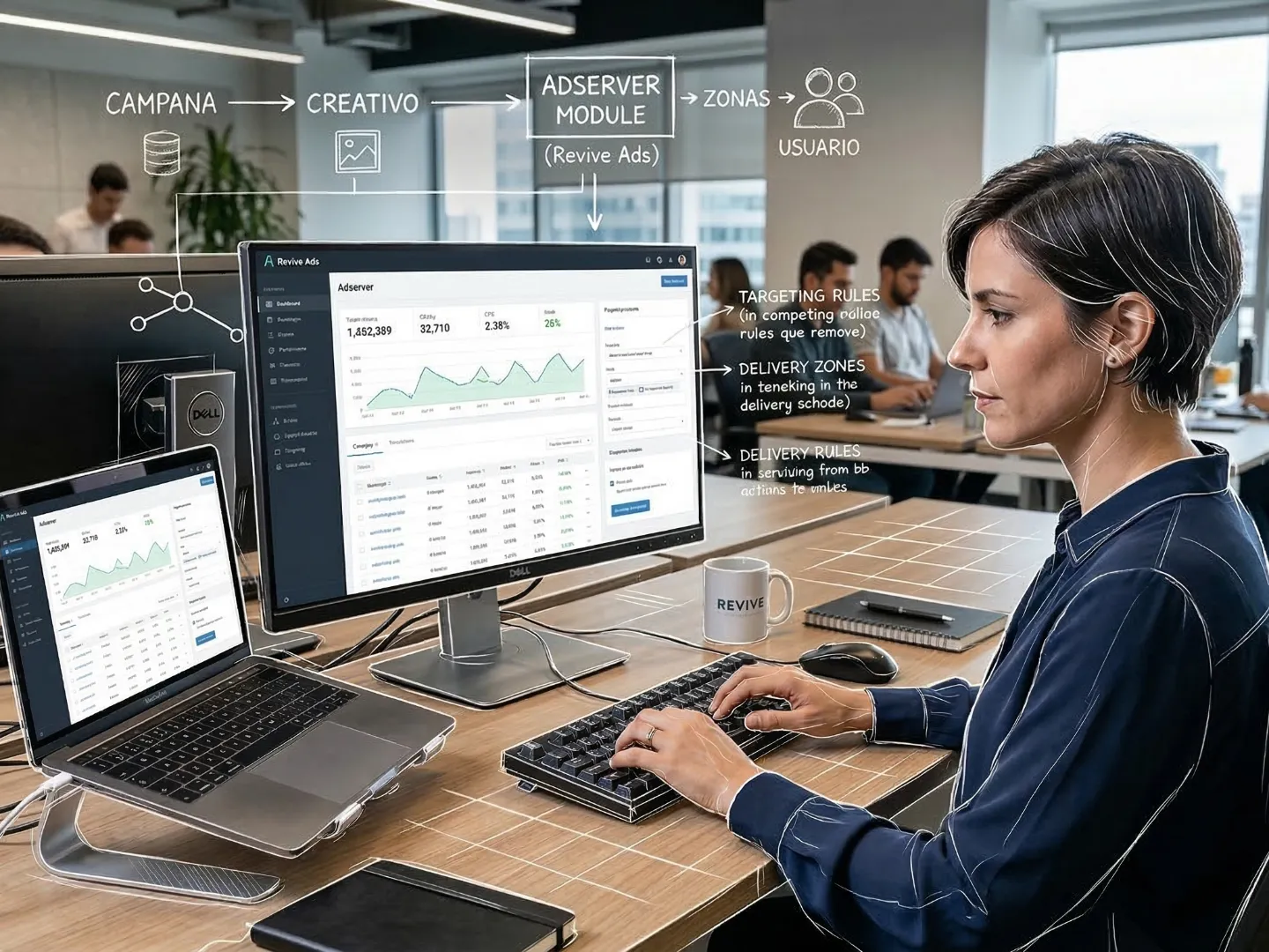 Mujer en la oficina usa un Adserver. Una red de líneas blancas de boceto técnico resalta su enorme flujo de trabajo.