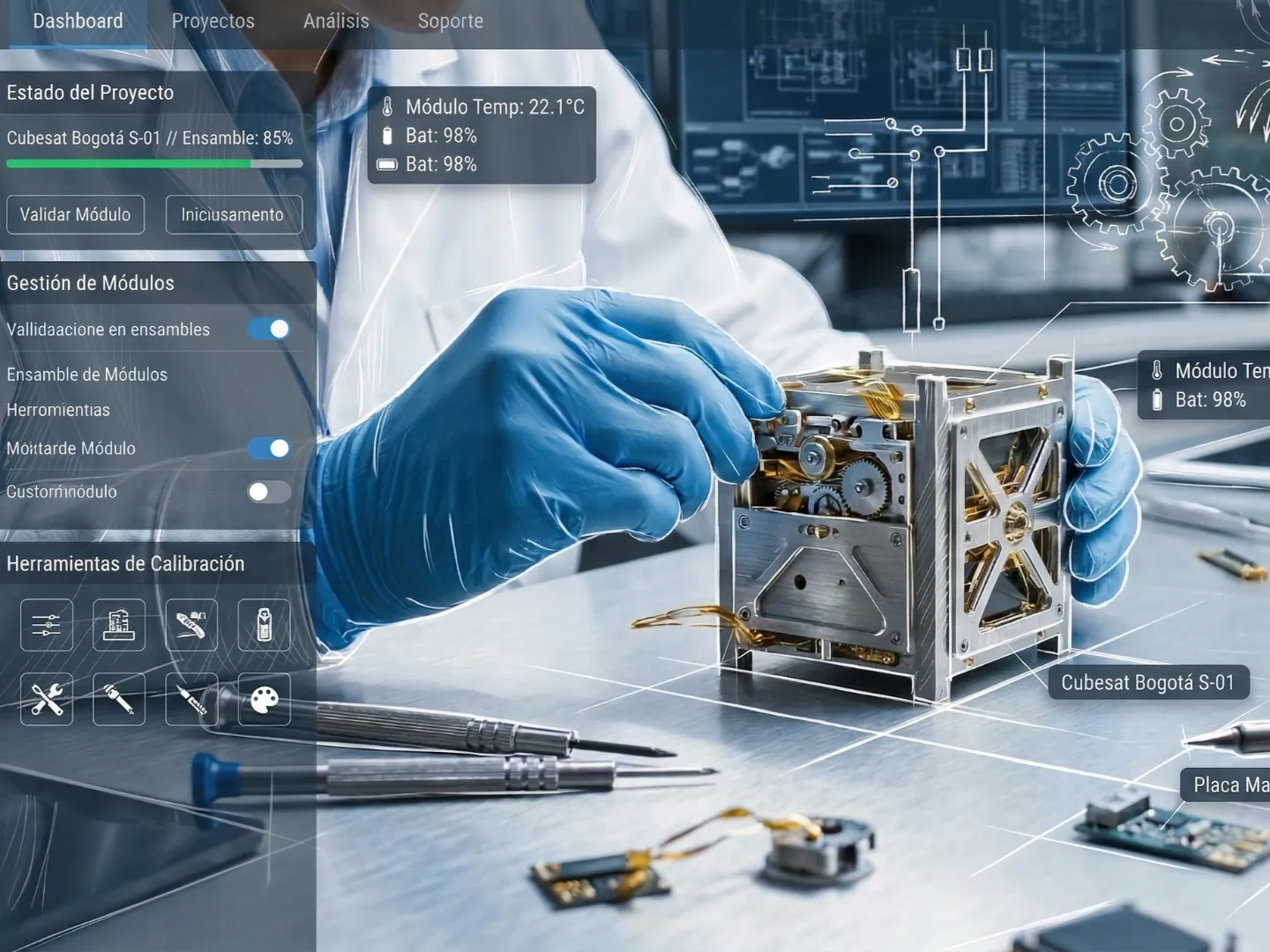Dashboard de una web fotorrealista que muestra un ingeniero ensamblando un satélite, con bocetos técnicos blancos.