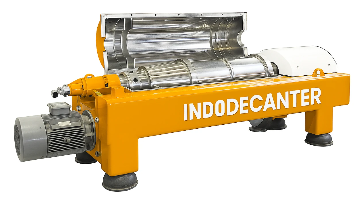 A decanter centrifuge continuously separates solids from liquids by using centrifugal force. Inside the rotating bowl, denser solids settle outward while lighter liquid phases form inner layers. The scroll conveyor (or screw) transports the solids to the discharge end, while clarified liquid exits through adjustable weirs.
