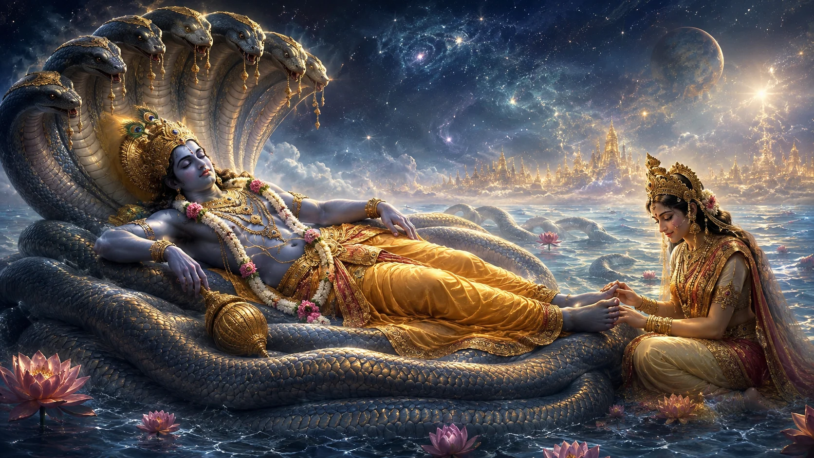 Lord Vishnu sleeping on Sheshnag in Yoga Nidra during Devshayani Ekadashi